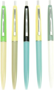 retro ball point pens in various tones of green, yellow and blue