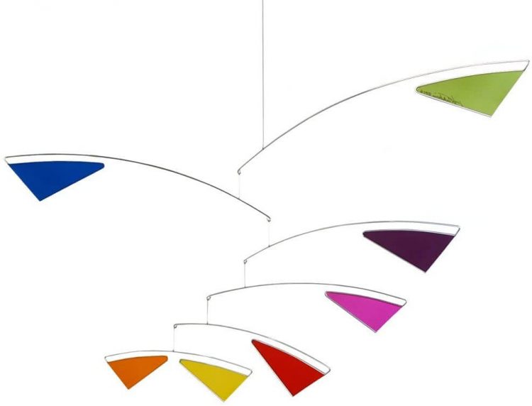 Living room and entertainment multi-colored triangle mobile.