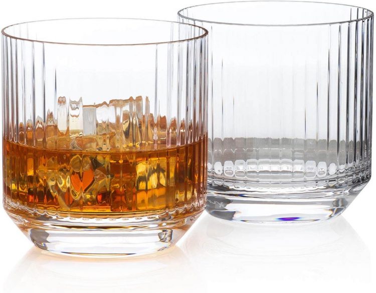 Mid century whiskey glasses with lined embossments.