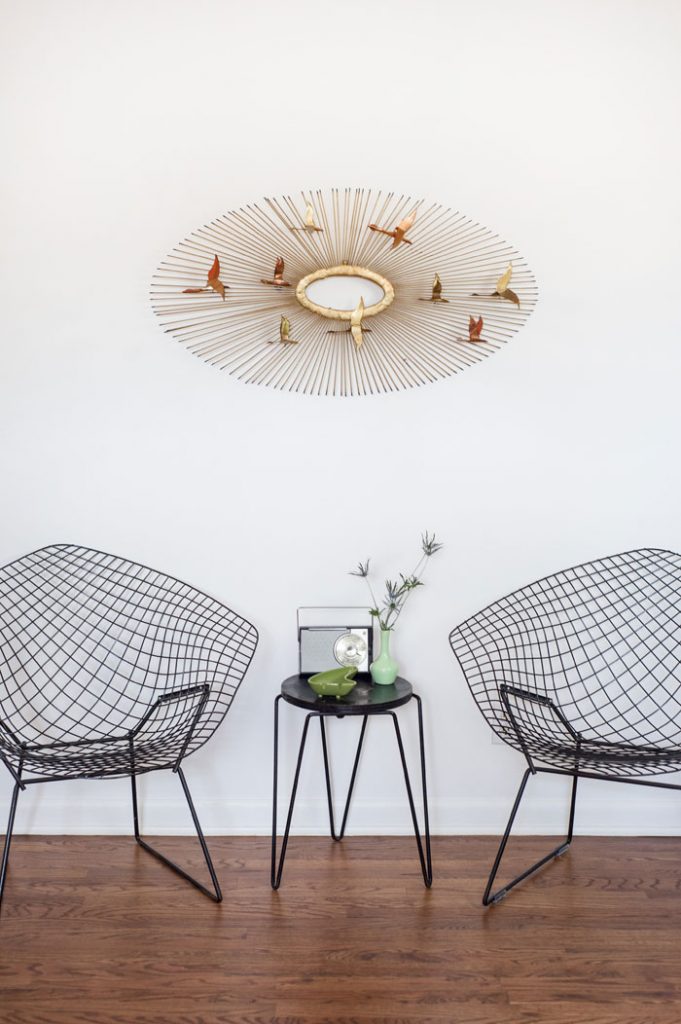 Bertoia diamond chairs with a Knoll side table