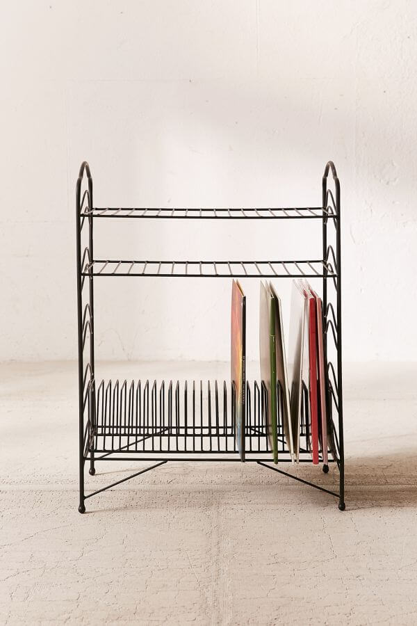 Wire rack record storage solution with two horizontal shelves.