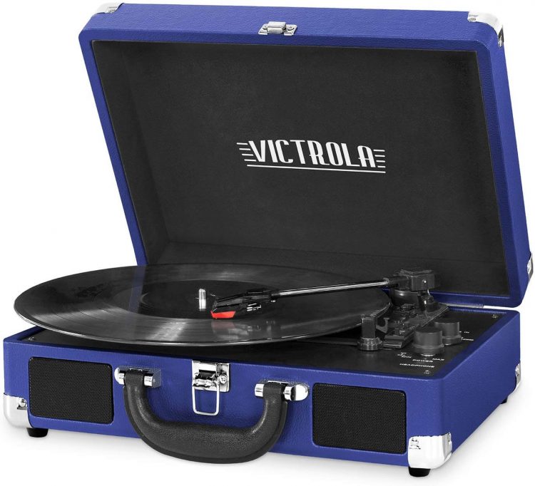 A classic blue record player with a velvety-black interior.