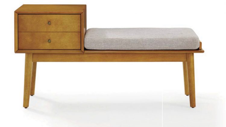 A mid century bench with a wooden cabinet attached and gray cushion.