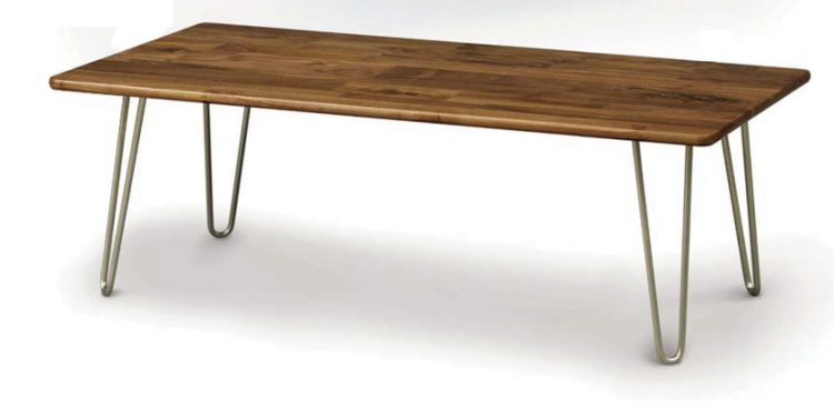 A mid century bench with a polished-walnut finish and metal legs.