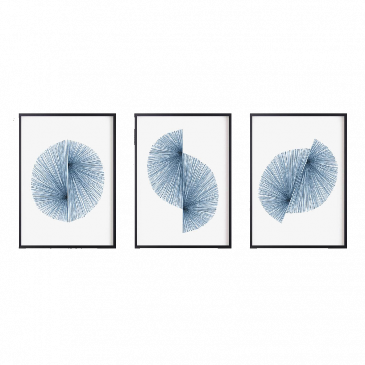 A collection of starburst wall paintings colored classic blue.