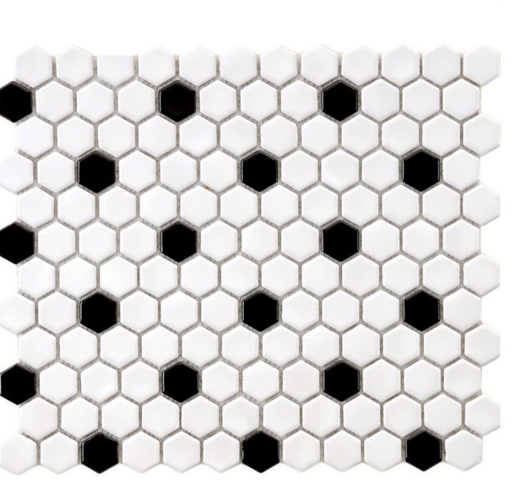 Mid century kitchens mosaic honeycomb tiles painted black and white.