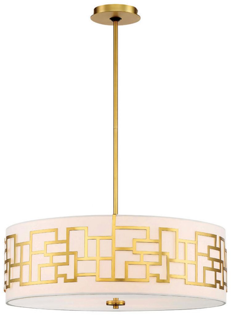 A light fixture with a circular shade and gold embellishments.