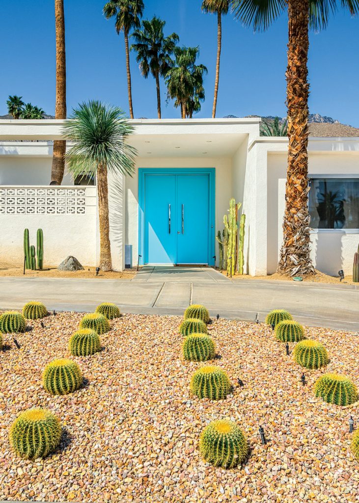 A mid century front yard showcasing a blue door and cacti.