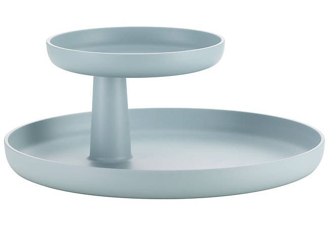 An ice blue-colored tray with two circular tiers, the top smaller than the bottom.