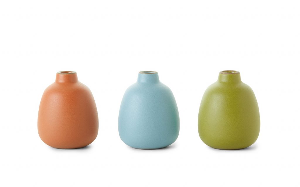 Set of three small pots in mid century colors, decorative entertaining essentials.