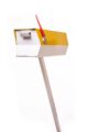 white and yellow mid mod mailbox with raised red flag