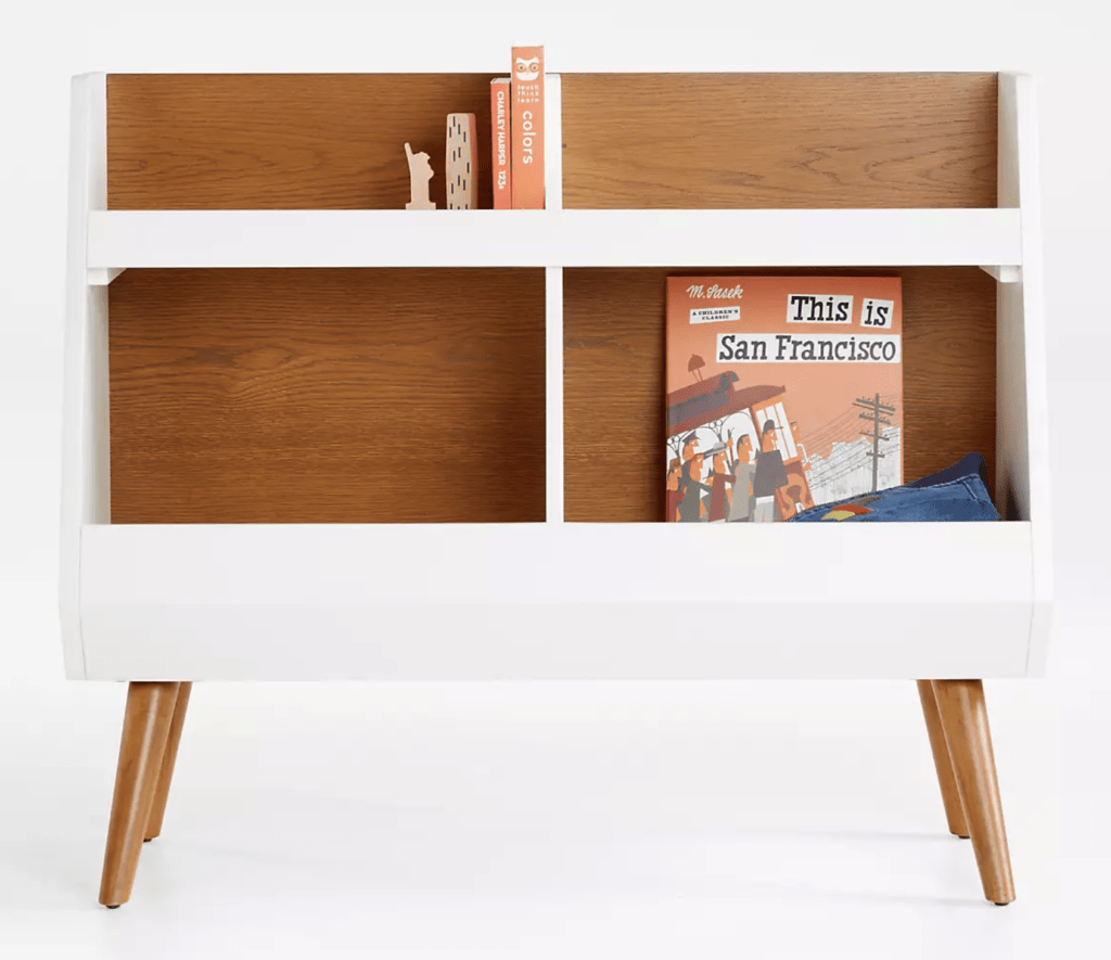 White and wood modern bookshelf for children