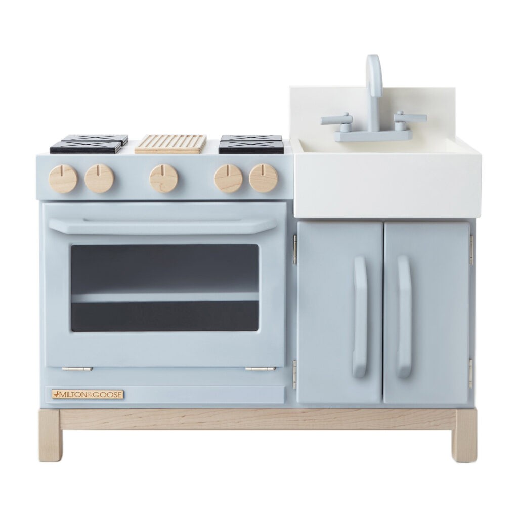 blue and wood modern play kitchen