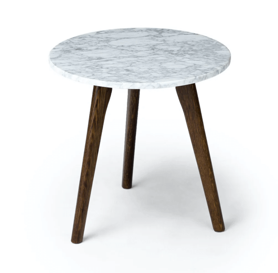 Round marble top nightstand with three wood legs