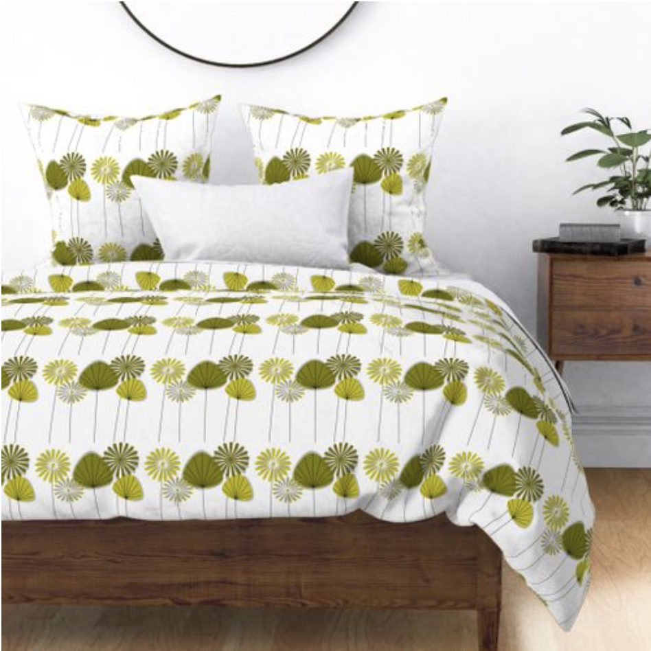 MCM summer bedding with a white background and avocado-colored MCM-style flowers