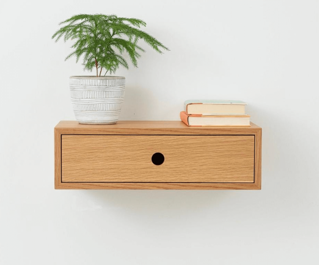 Single shelf/drawer hanging nightstand made of wood