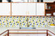 Geometric kitchen backsplash pattern in blue, yellow and gray 