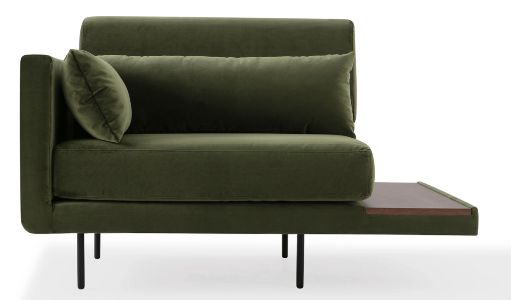 Green velvet Davenport chair with attached wood side table