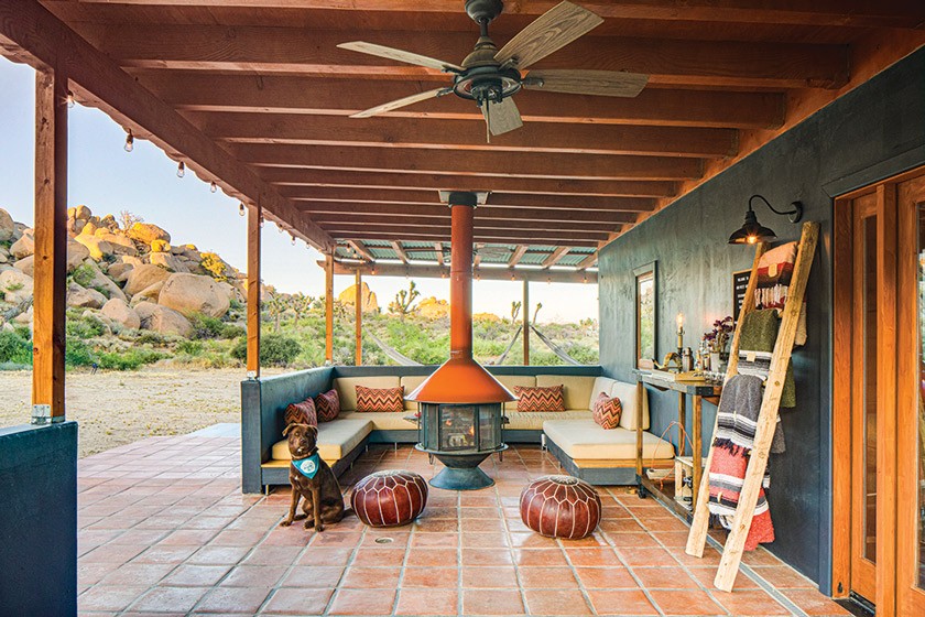 outdoor fireplace and conversation area in desert