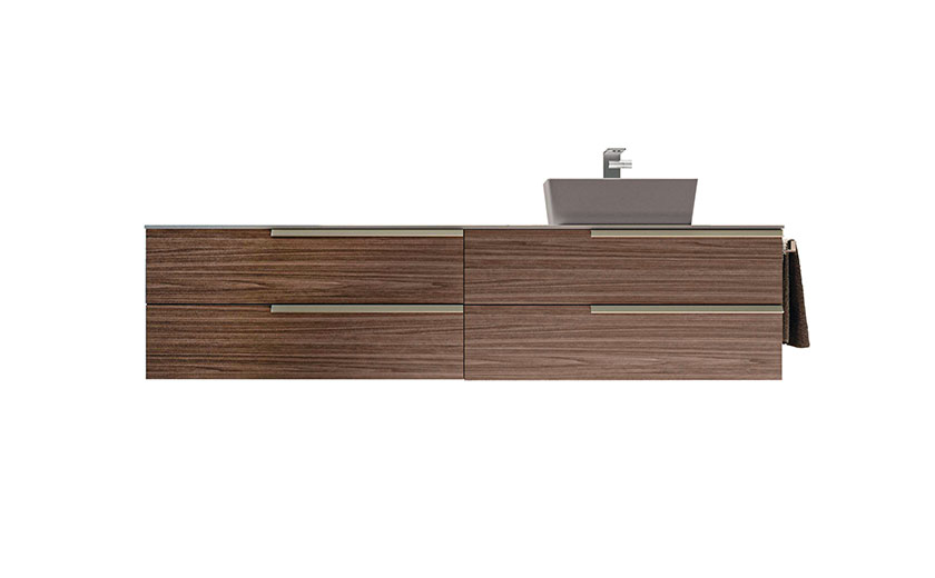 Brown vanity with sink bowl and faucet