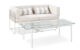Cream colored outdoor loveseat, striped pillows, and glass top table set.