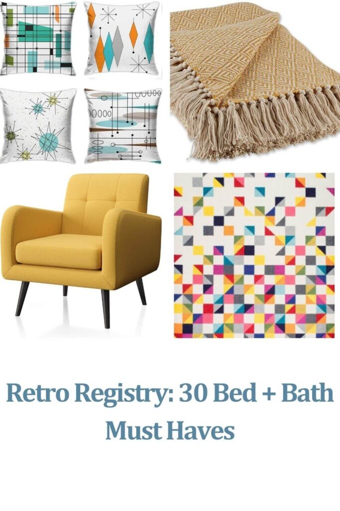 Pinterest pin showing mid mod bed and bath items