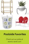 Brass bar cart, single planter, ice bucket, and red glider featured on a Pinterest pin design