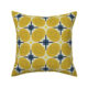 Living room and entertaining pillow with yellow, blue, and white geometric design.