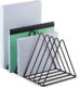 Metal magazine rack with a triangular-shaped silhouette.