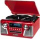 Red retro record player with silver detailing.