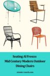 Seating Al Fresco Pinterest pin featuring a concha chair, a Medan Graphite outdoor lounge chair, a Grinda armchair, and a Dot Graphite dining chair