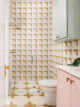 Project House Austin bathroom with bold geometric tile and wallpaper