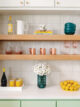 Project House Austin butler's pantry exposed shelves teal mint and yellow accents