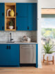 Project House Austin kitchen blue cabinets and abstract tile