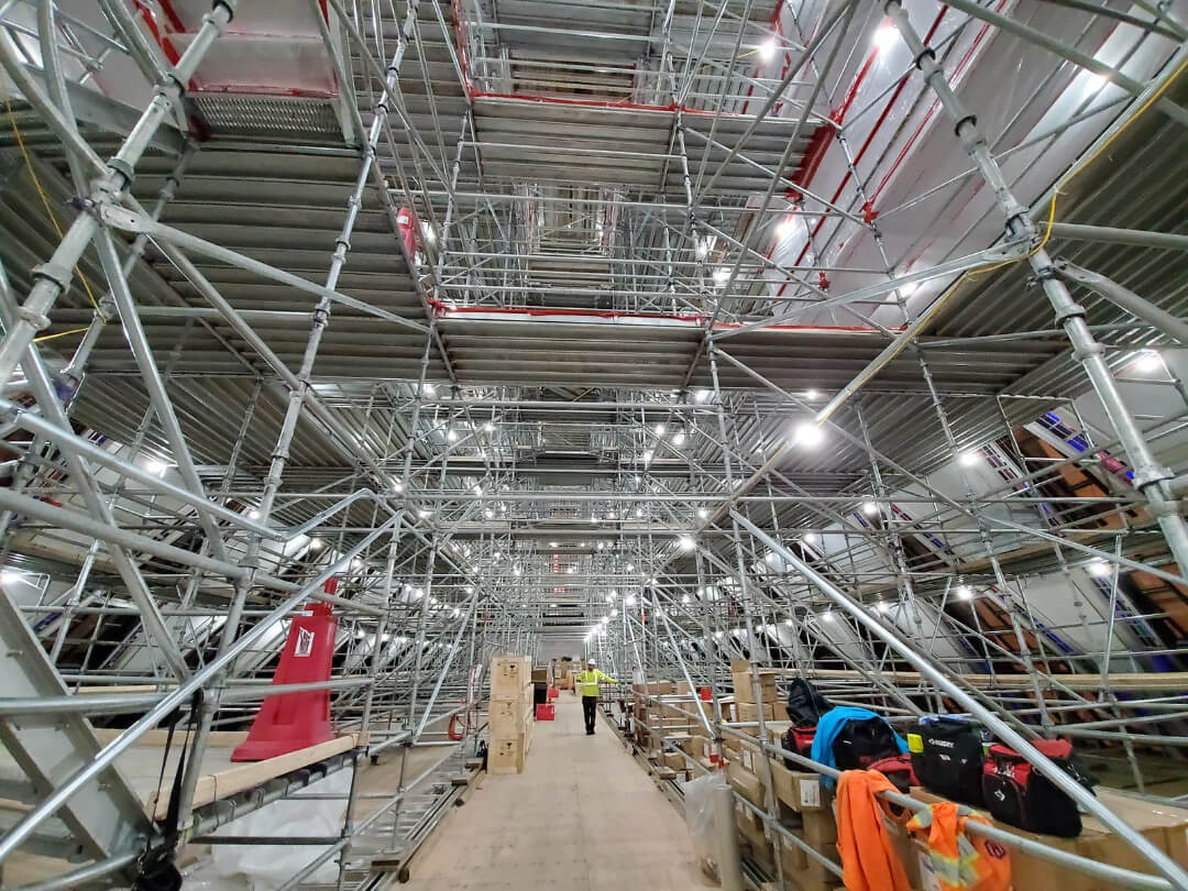 a view of scafolding inside the USAF Academy Chapel cocoon
