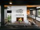 lounge with brick fireplace and black and white color scheme