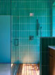 walk-in shower with teal, vertical tiles and a wood plank floor