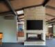 concrete block fireplace in renovated MCM home