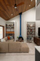 blue Malm in living room with teak cathedral ceiling