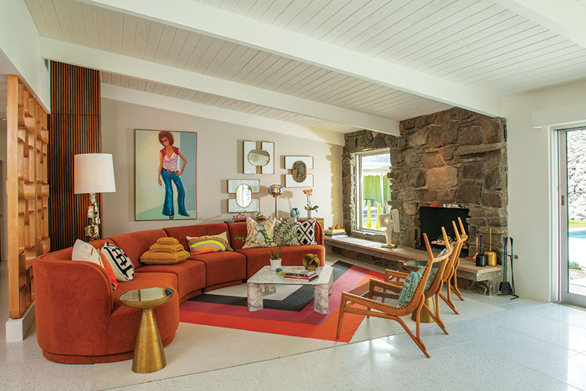art work and geometric accents in living room of renovated 1957 Charles Du Bois home
