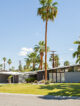 a mid century modern house with a butterfly roofline surrounded by palm trees