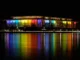 Kennedy Center lit up with colorful lights at night